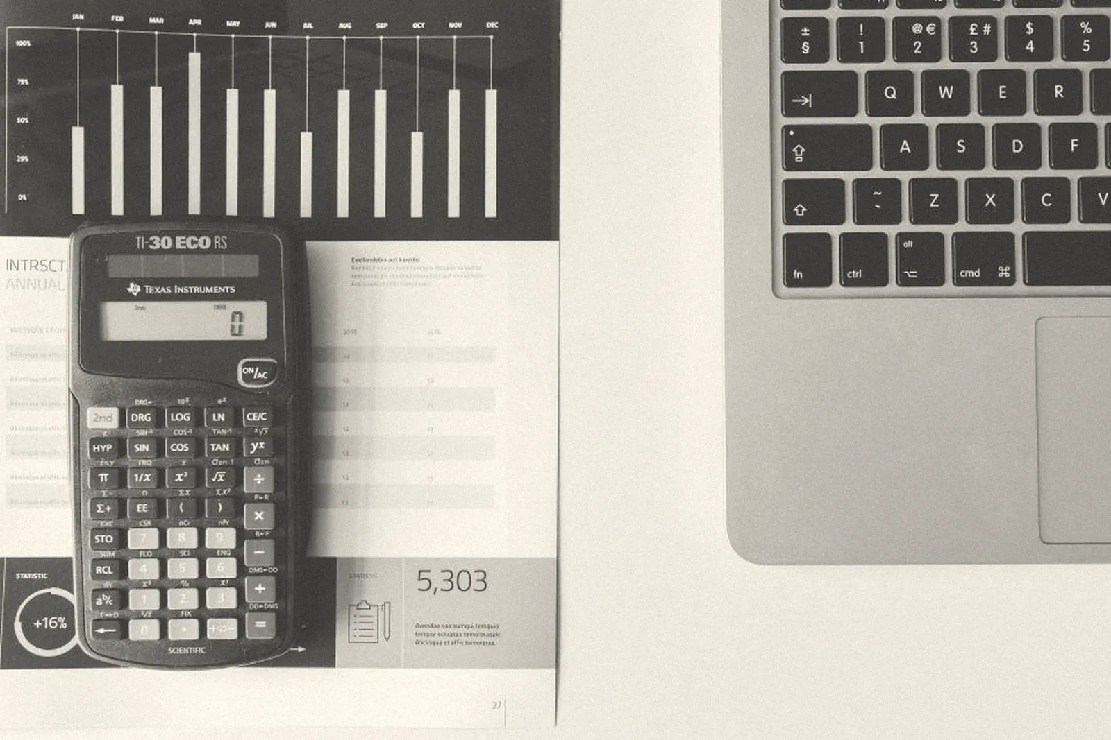 A calculator on top of a printed financial report